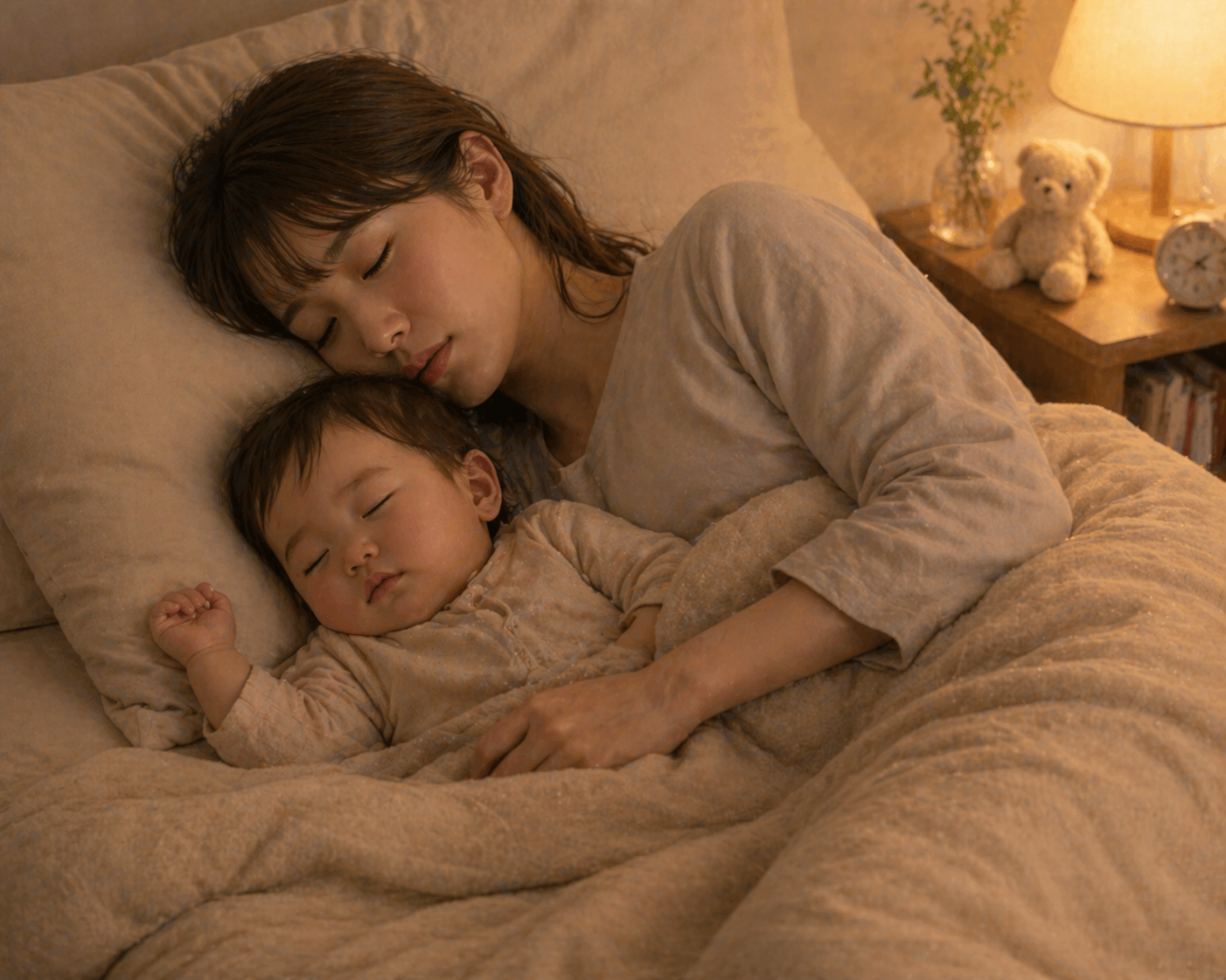 赤ちゃんとお昼寝するお母さん